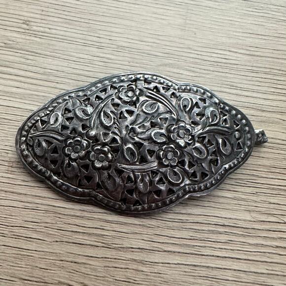 Antique Sterling Silver Victorian Edwardian Repousse Floral Hair Clip Barrette - Picture 1 of 7